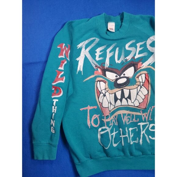 Vintage Taz Refuses To Play Well With Others Wild Thing Sweatshirt L 1995 Teal - Picture 12 of 15